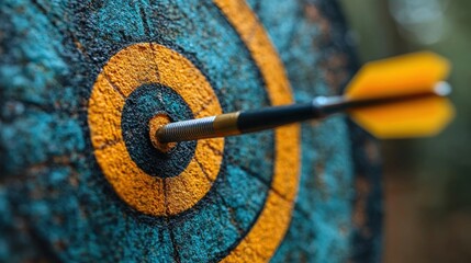 Business Target Concept - Close-Up of Arrow Hitting Bullseye on Colorful Target Board in Outdoor Setting