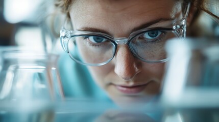 A scientist engrossed in her work amidst glassware exhibits intense concentration, embodying innovation and curiosity in a modern scientific laboratory.