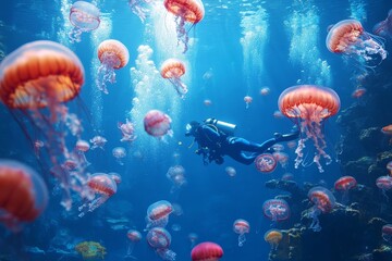Diver exploring a vibrant underwater world filled with glowing jellyfish during a bright daylight dive