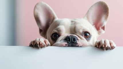 A charming French Bulldog with large ears and warm, expressive eyes peers over a white surface against a soft pink background, radiating curiosity and cuteness.