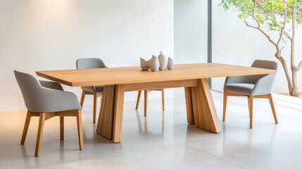 Modern wooden dining table with elegant chairs in design space