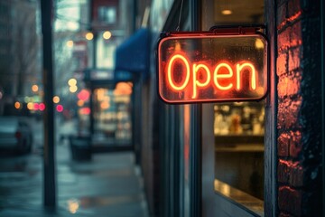 Neon "Open" Sign On Brick And Mortar Storefront - Shop Local Concept By Philip Steury with generative ai