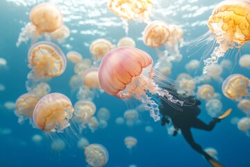 A diver exploring a vibrant swarm of jellyfish in clear blue waters near Palau during midday