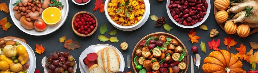 A vibrant array of autumnal fruits, nuts, and vegetables arranged artfully on a dark background, enhancing the seasonal theme.