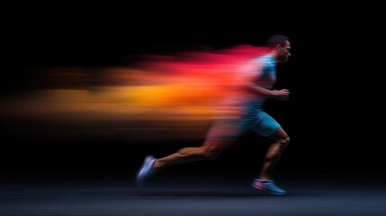 A fast runner captured in motion, trailing a vibrant red and yellow blur behind, showcasing the dynamism and intensity of high-speed athletic performance.