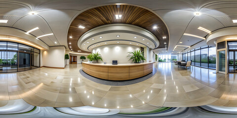 Spherical 360 panorama projection of a modern reception area , interior design, reception desk