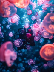 A diver explores a vibrant underwater world filled with colorful jellyfish in a serene ocean environment during daylight