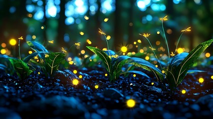 A magical forest at night glows softly with fireflies, plants shimmering in the darkness.
