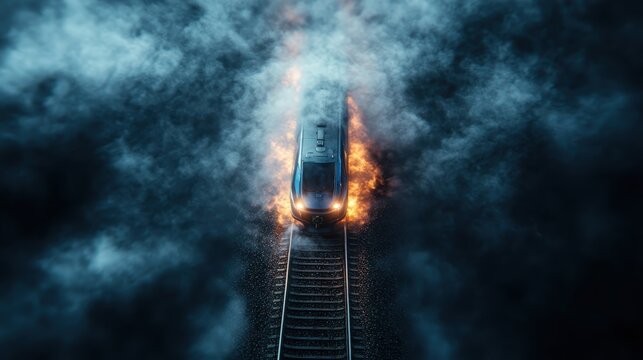 An intense scene of a train on fire moving through thick, dark smoke. The dramatic lighting and composition highlight the urgency and danger of the situation, offering a powerful visual.