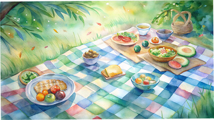  Watercolor Picnic Scene Background, Inviting and Cheerful, Vegetarian Gathering