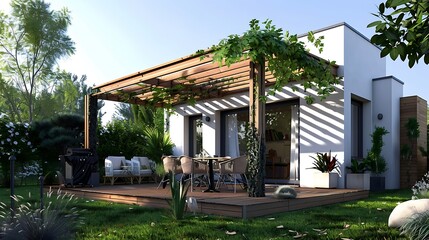 Fototapeta premium Exterior of modern house, swimming pool and terrace. Nobody inside