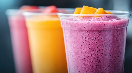 A row of colorful smoothies in clear plastic cups, each topped with different fruits and garnishes, represents freshness and the vibrant appeal of healthy beverages.
