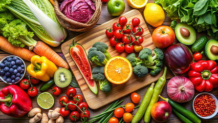 A close-up shot of a colorful assortment of fruits and vegetables on a cutting board