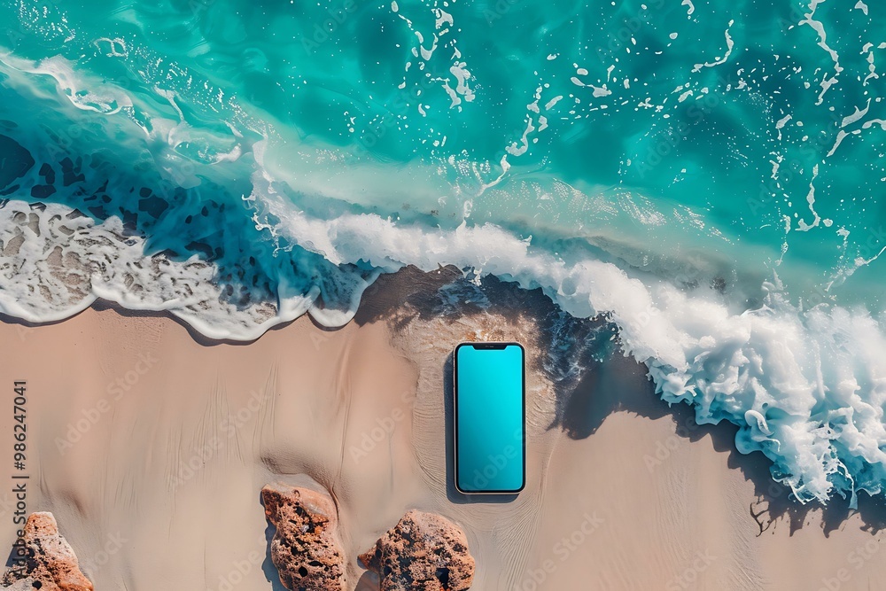 Poster smartphone on the beach with sea water