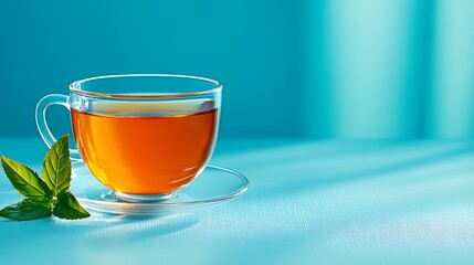 Fototapeta premium A glass cup of tea with mint leaves sits coolly against a blue backdrop, refreshing and serene.