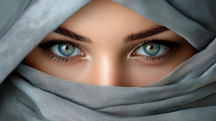 Fototapeta premium A woman's eye peeks from behind grey fabric, a quiet intensity in her gaze.