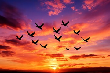 A flock of birds flying across a fiery sunset sky, with clouds painted in shades of orange, pink, and purple