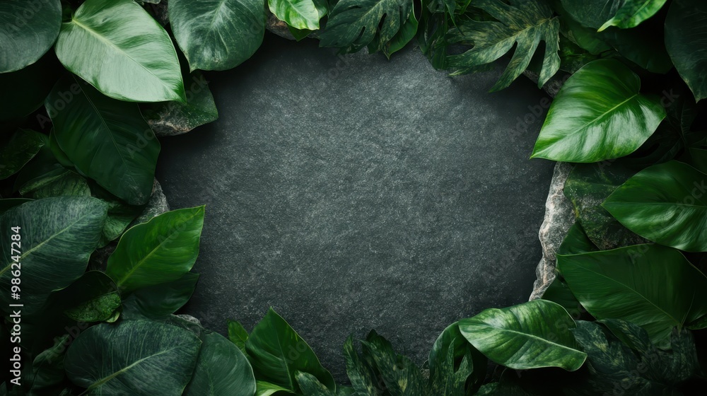 Poster this image features lush green leaves encircling a textured stone surface, creating a vibrant and se