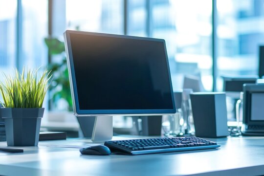 Office desk with desktop computer and business office background with generative ai