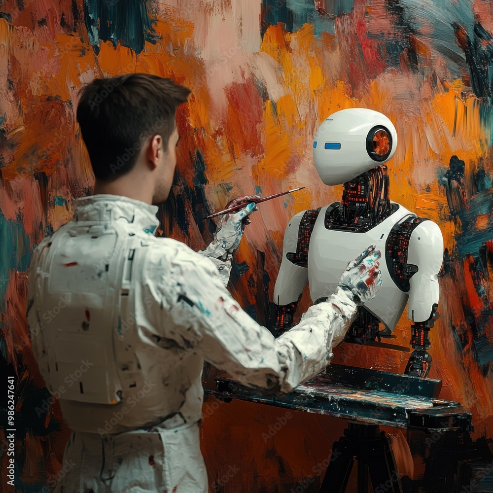 Poster a painter collaborates with a humanoid robot, creating art against an abstract background, showcasin