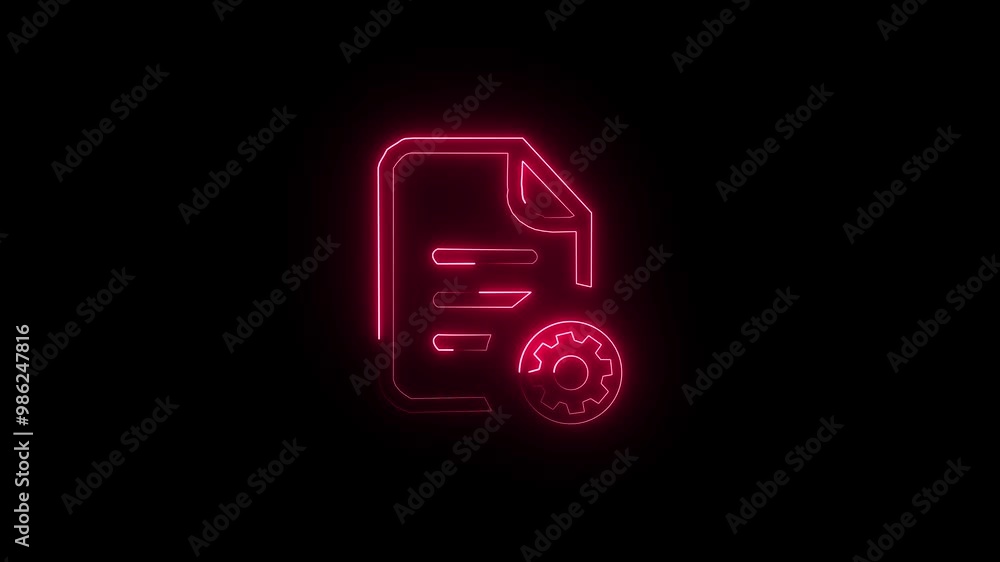 Poster glowing neon file setting icon animated on black background.
