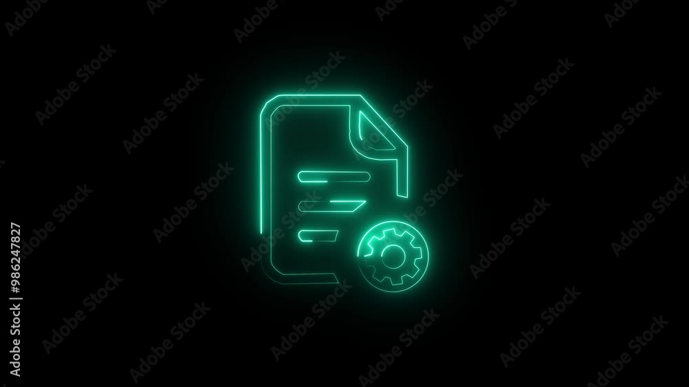 Poster glowing neon file setting icon animated on black background.