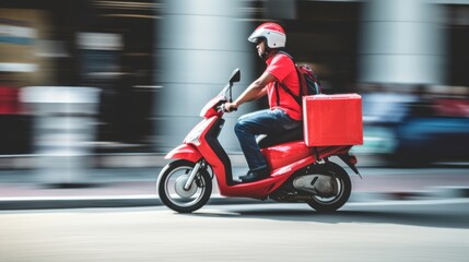 A delivery person rides a red scooter swiftly through an urban environment, captured in motion blur.