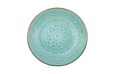 Isolated turquoise plate flat lay on white background