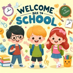 Welcome back to school lettering, cheerful boy and girl