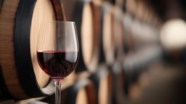 A glass of red wine rests at the forefront with a softly focused backdrop featuring large wooden barrels, capturing the essence of wine tasting and cellar ambiance.
