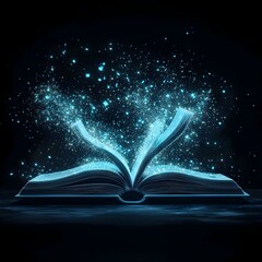 Futuristic Floating Book Dematerializing into Glowing Digital Particles Representing Personalized Digital Experience