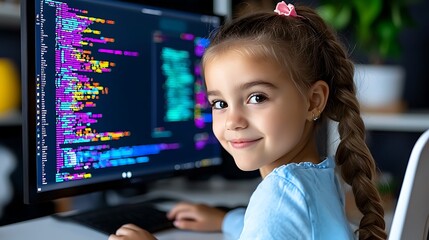 A young girl codes on her computer, learning the skills that will shape her future.