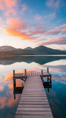 A serene wooden dock extending into a calm lake, surrounded by mountains under a colorful sunset sky. The water reflects the vibrant hues of orange, pink, and blue, creating a tranquil atmosphere.