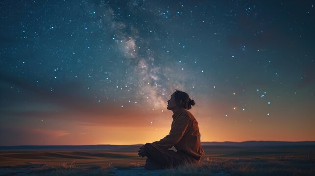Person sitting under a starry sky with the Milky Way visible, contemplating the universe during a serene night.