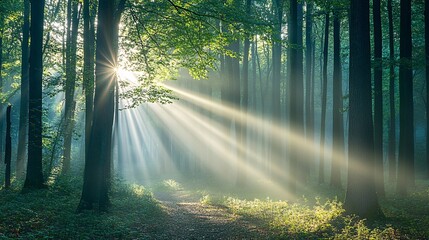 Sunbeams Illuminating a Misty Forest Path