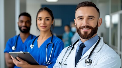 Fototapeta premium A doctor leads a team of healthcare professionals, exuding confidence and care.