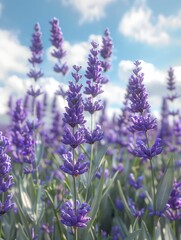 Fototapeta premium Lavender flowers blooming under a bright blue sky.