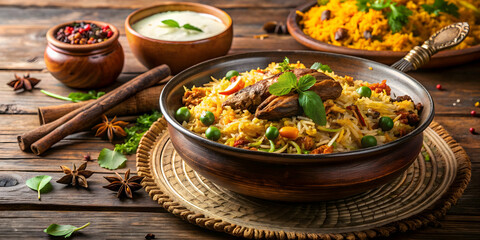 Delicious traditional Indian dish of biryani , food, rice, spices, curry, Indian, meal, flavorful, aromatic, chicken