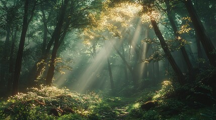 Obraz premium Sunbeams Filtering Through Dense Forest Canopy