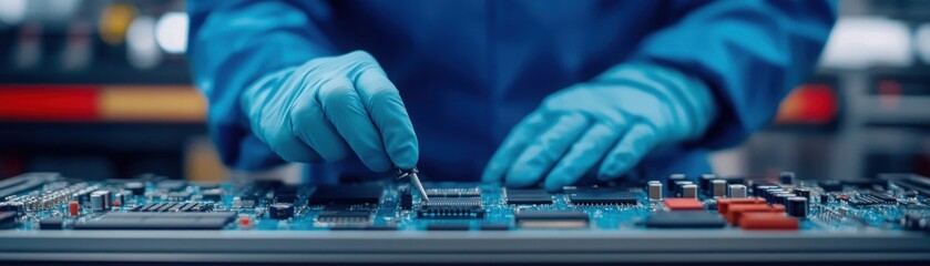 A technician in blue gloves assembles or repairs a printed circuit board in a laboratory environment. - Powered by Adobe