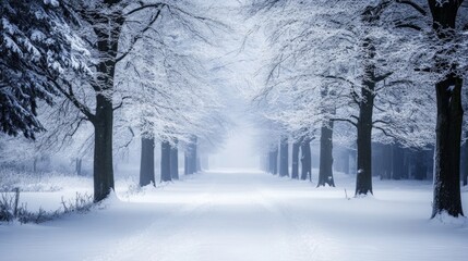 Winter Serenity, tranquil snow-laden trees line a serene path, inviting quiet exploration through a peaceful, untouched landscape blanketed in soft white snow