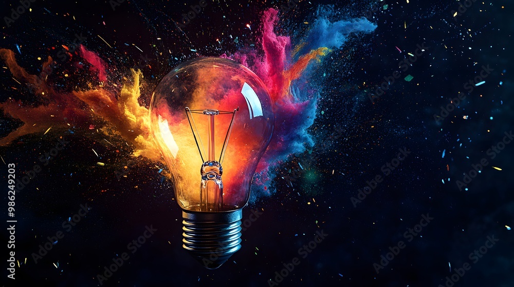 Poster light bulb exploding with colorful powder