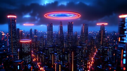 Neon-lit skyscrapers rise in a futuristic city, where flying saucers streak through the night.