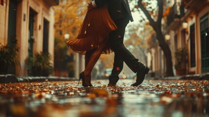 Romantic couple dancing in the rain on a charming autumn street, surrounded by vibrant fall leaves and scenic buildings.
