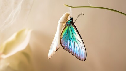 This captivating photograph captures the miraculous moment of a butterfly emerging from its chrysalis, a symbol of transformation and new beginnings.