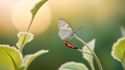 This captivating photograph captures the miraculous moment of a butterfly emerging from its chrysalis, a symbol of transformation and new beginnings.