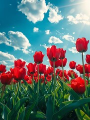Fototapeta premium Vibrant red tulips bloom under a sunny blue sky with fluffy clouds.