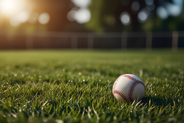 Close up baseball ball sport on grass with blur background. AI generated, 