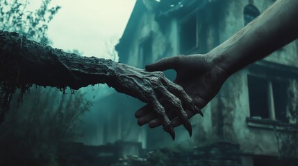 Explore the haunting connection between nature and humanity through the mysterious touch of two clashing hands Delve into the eerie imagery that captures the contrasting elements of life and decay sho