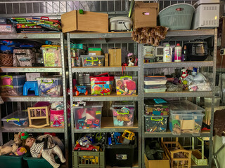 organized storage shelves filled with toys and household items